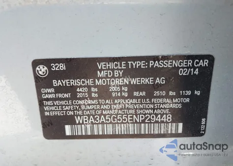 2014 BMW 328I from USA, damaged, VIN WBA3A5G55ENP29448